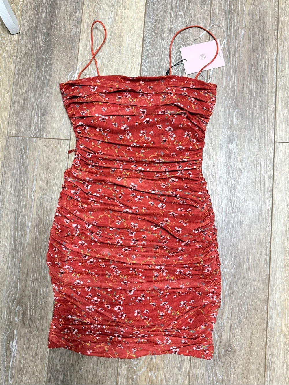 NWT Hello Molly Red Floral Ruched Mini Dress